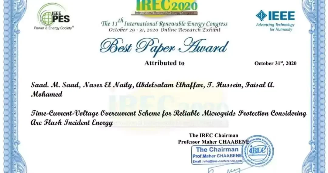 تتويج ورقة بحثية بجائزة أفضل ورقة في مؤتمر IREC2020